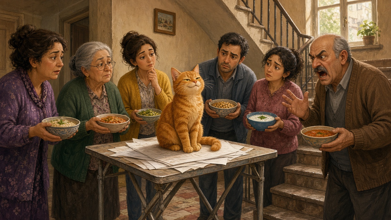 Sarman, beyaz patili, lacivert tasmalı bir kedi; arkada pencerelerinin önünde rengârenk mama kapları olan Gülbahar Apartmanı ve karşıda pembe Lale Apartmanı