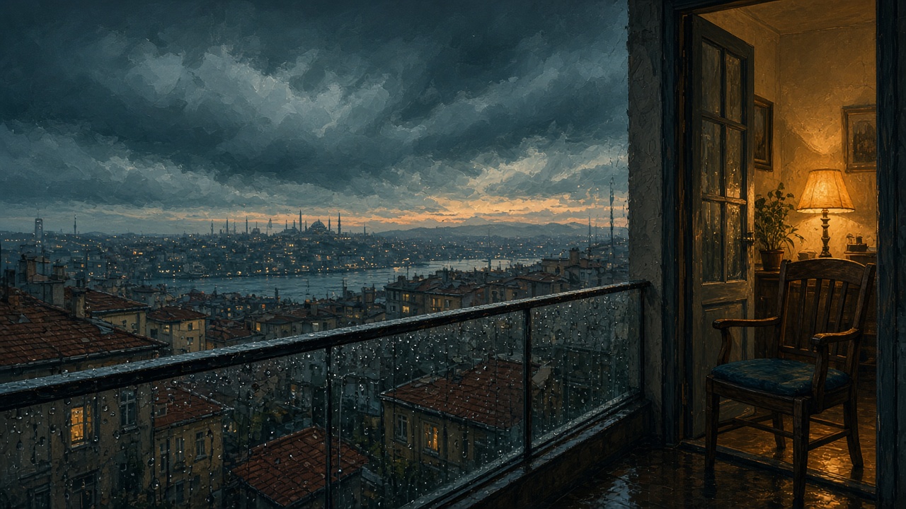 Fırtına bulutları altında balkon ve sıcak lamba ışığı