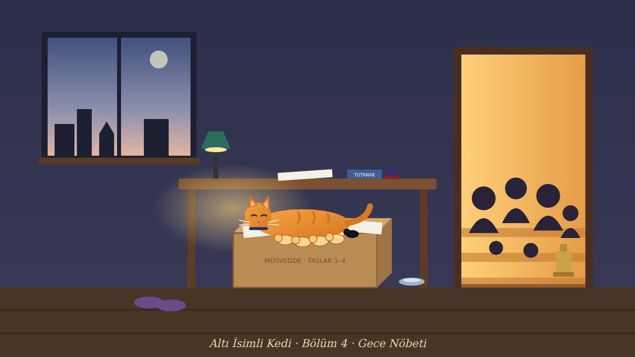 Gece, çevirmenin çalışma odası: masanın altındaki karton müsvedde kutusunda sarman anne kedi, dört sarman ve bir siyah yavru; masada lamba, tutanak defteri ve mühür; açık kapının ardında merdivende bekleyen komşuların silüetleri ve semaver; pencerede şafak