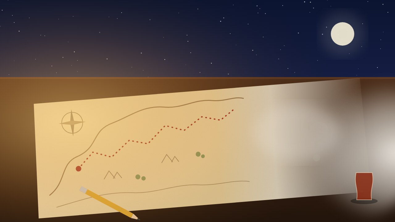 Gece masada duran eski bir harita; noktalı yol, haritanın sisle kaybolan kenarında bitiyor